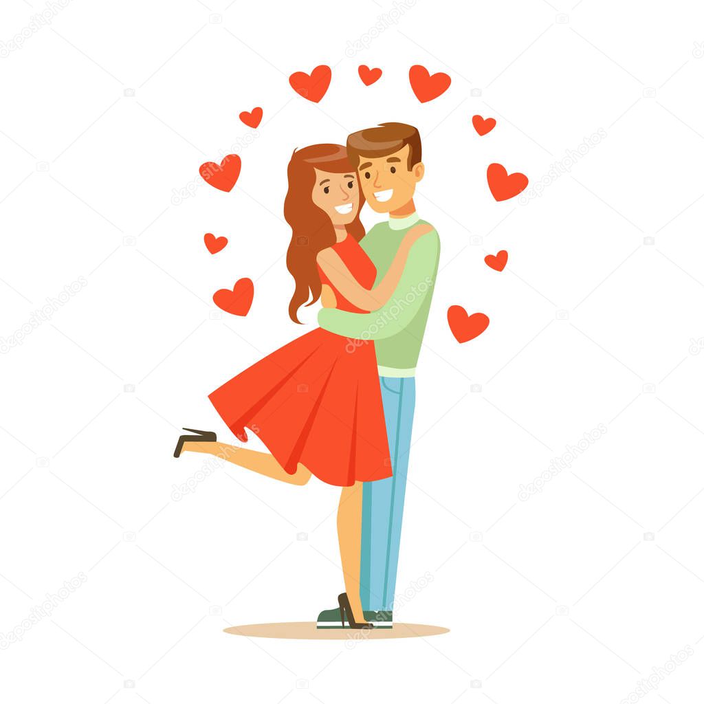 Young happy couple in love embracing colorful character vector Illustration