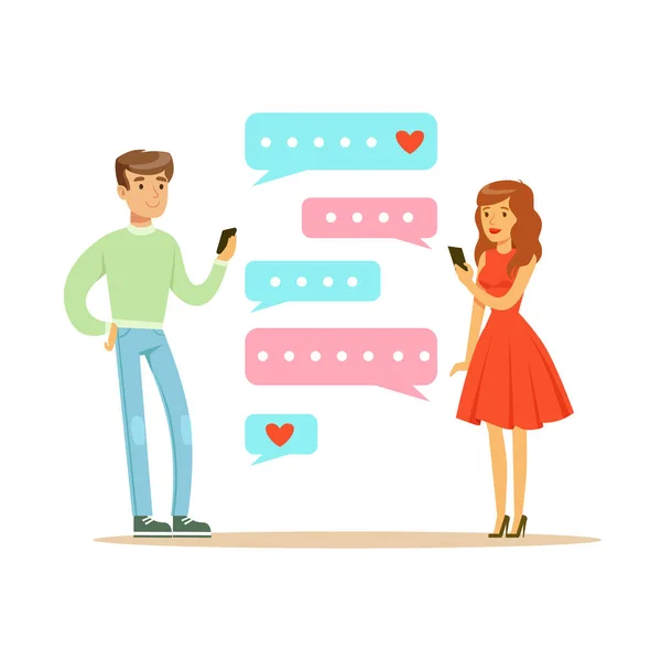 两个恋人和他们的手机丰富多彩的人物聊天矢量图 — 图库矢量图片