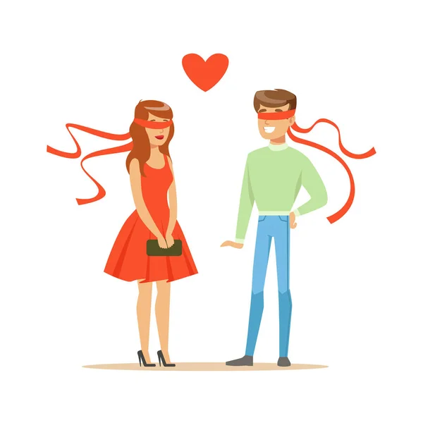 Mladá zamilovaně muž a žena se zavázanýma očima barevný charakter vektorové ilustrace — Stockový vektor