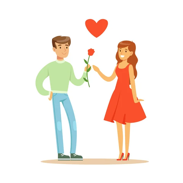 Handsome man giving rose to his beautiful girlfriend in red dress colorful character vector Illustration — Stock Vector