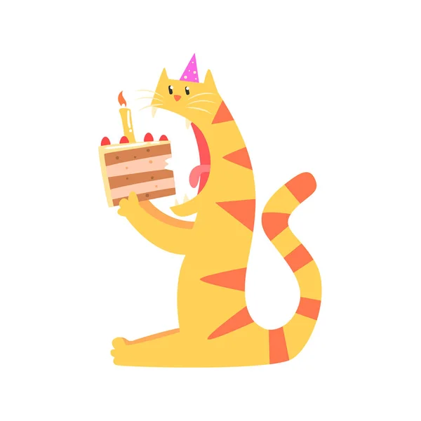 Bonito tigre dos desenhos animados mordendo pedaço de bolo. Feliz aniversário colorido vetor Ilustração — Vetor de Stock
