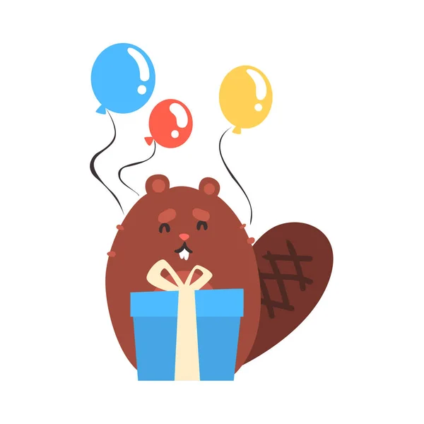 Roztomilý kreslený beaver modrá Dárková krabice a banda barevné balónky Happy Birthday kreslené vektorové ilustrace — Stockový vektor