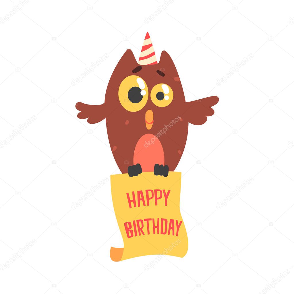 Cute cartoon owl in a party hat Happy Birthday colorful vector Illustration
