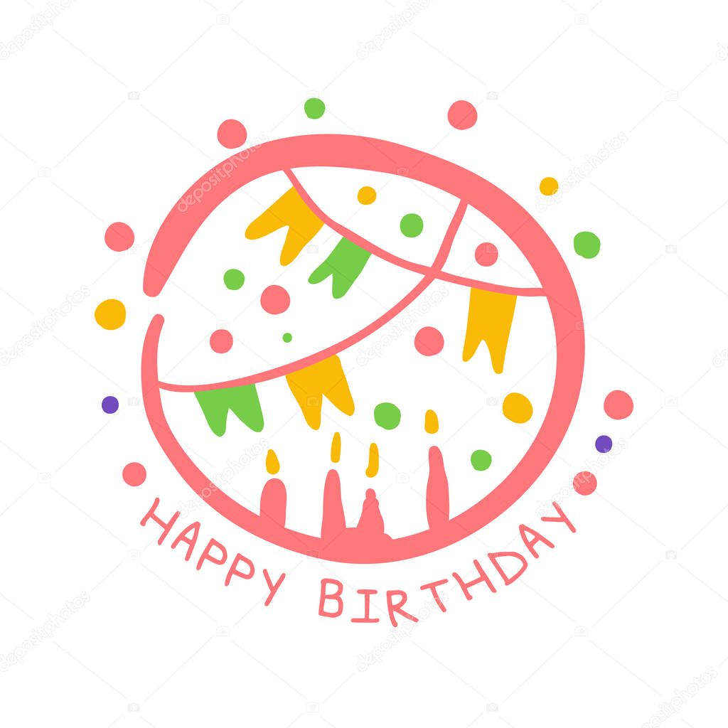 Happy Birthday promo sign. Childrens party colorful hand drawn vector Illustration