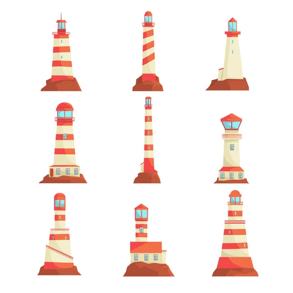 Searchlight towers for maritime navigational guidance set. Collection of lighthouses vector Illustrations — Stock Vector