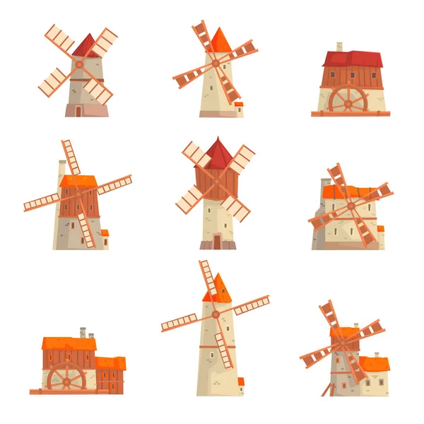 Molinos de viento rurales. Colección de molinos de viento tradicionales vector Ilustraciones — Vector de stock