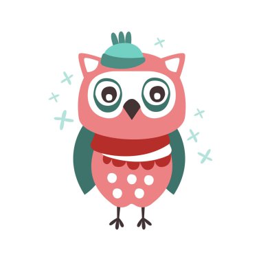 Sevimli çizgi baykuş kuş bir şapka ve atkı renkli karakter vektör çizim