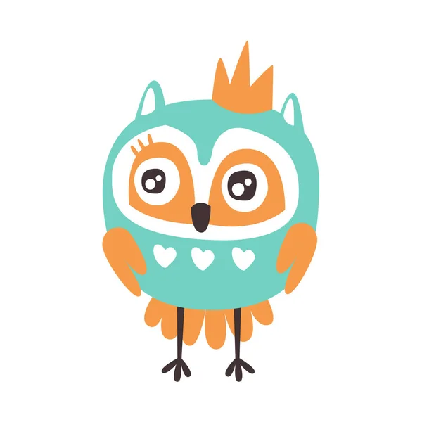 Χαριτωμένο cartoon κουκουβάγια πουλί με κορώνα πολύχρωμο χαρακτήρα διανυσματικά εικονογράφηση — Διανυσματικό Αρχείο