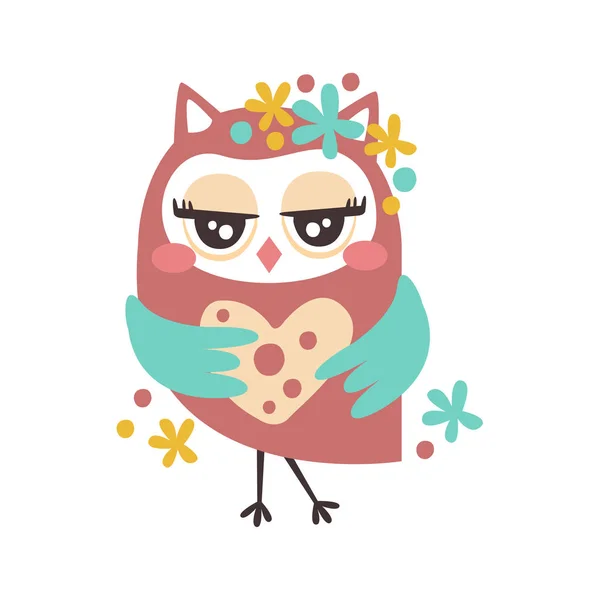 Cute cartoon flirtatious owl bird colorful character vector Illustration — Stock Vector