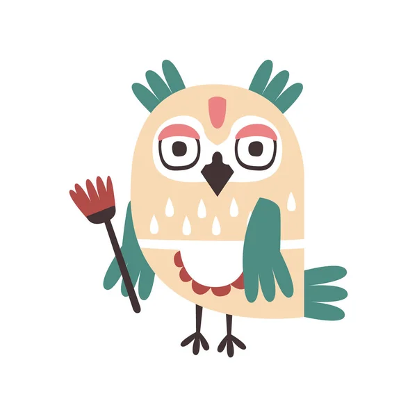 Cute cartoon owl bird holding flower colorful character vector Illustration — Stock Vector