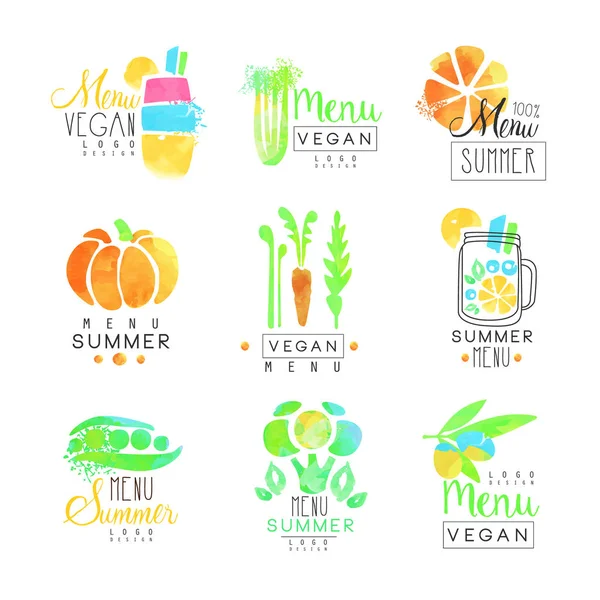 Veganes Menü-Set für Logo-Design. Sammlung farbenfroher Illustrationen — Stockvektor