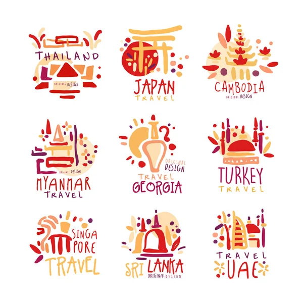 Tailandia, Japón, Camboya, Myanmar, Georgia, Singapur, Turquía, Sri Lanka conjunto de coloridos signos de promoción. Viaje de verano mano dibujado vector ilustraciones — Vector de stock