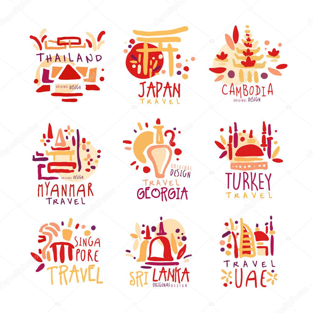 Thailand, Japan, Cambodia, Myanmar, Georgia, Singapore, Turkey, Sri Lanka set of colorful promo signs. Summer travel hand drawn vector Illustrations