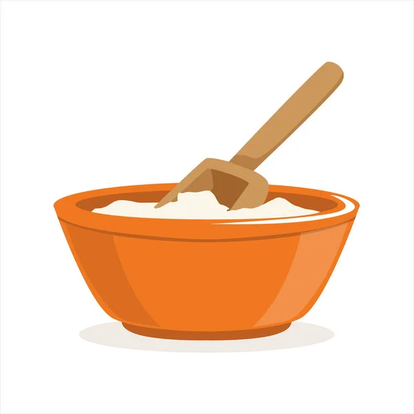 Ciotola di farina con uno scoop di legno cottura Ingrediente vettore Illustrazione — Vettoriale Stock
