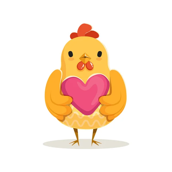 Lindo pollo de dibujos animados de pie y sosteniendo corazón rosa colorido personaje vector Ilustración — Archivo Imágenes Vectoriales