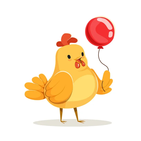 Lustige Cartoon-Küken Vogel stehend mit roten Ballon bunten Charakter Vektor Illustration — Stockvektor