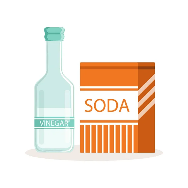 Soda in a craft paper bag and glass bottle of vinegar, baking ingredients vector Illustration — Stock Vector