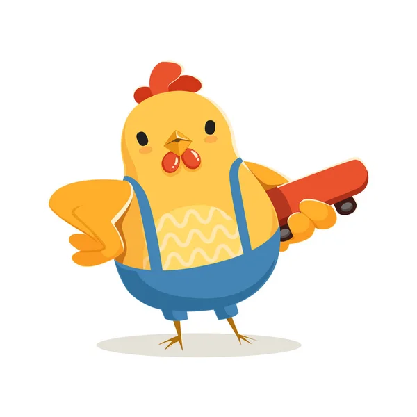 Funny cartoon chicken standing and holding skateboard colorful character vector Illustration — Stock Vector
