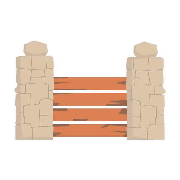 Valla de madera con tablones horizontales y pilares de piedra, vector de elementos de infraestructura urbana Ilustración — Archivo Imágenes Vectoriales
