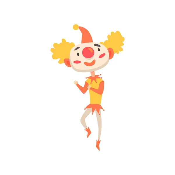 Zabawny clown w czerwonym kapeluszu taniec wektor znak kolorowy kreskówka ilustracja — Wektor stockowy