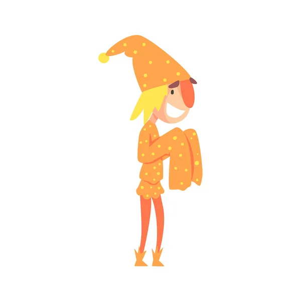 Grappige jester in een oranje middeleeuws kostuum kleurrijke cartoon karakter vector illustratie — Stockvector