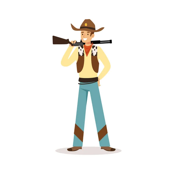 Muž v americké tradiční kostým s puškou západní kreslený charakter vektorové ilustrace — Stockový vektor