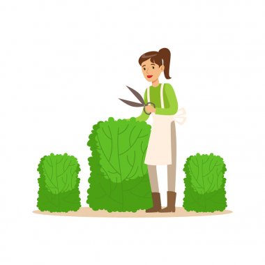 Çit kesme ile çalışan genç kadın bahçıvan zanaat hobi veya meslek renkli karakter vektör çizim