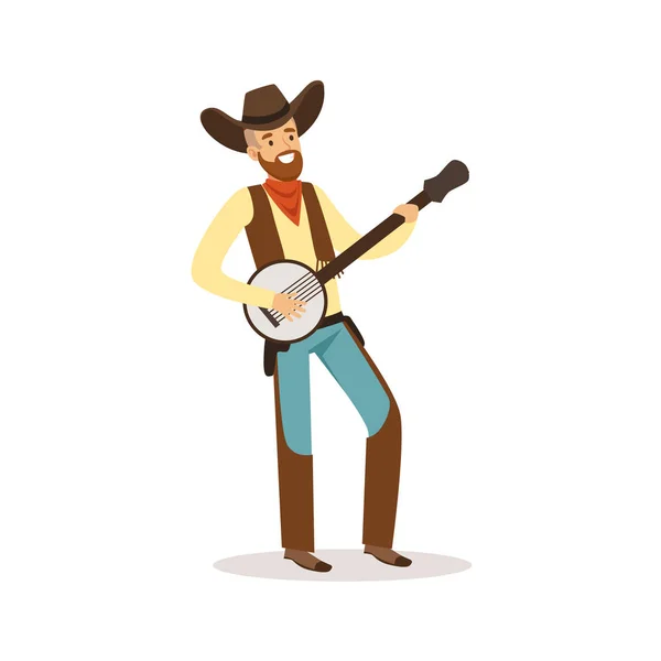 Ler cowboy spelar banjo västra tecknad karaktär vektor Illustration — Stock vektor