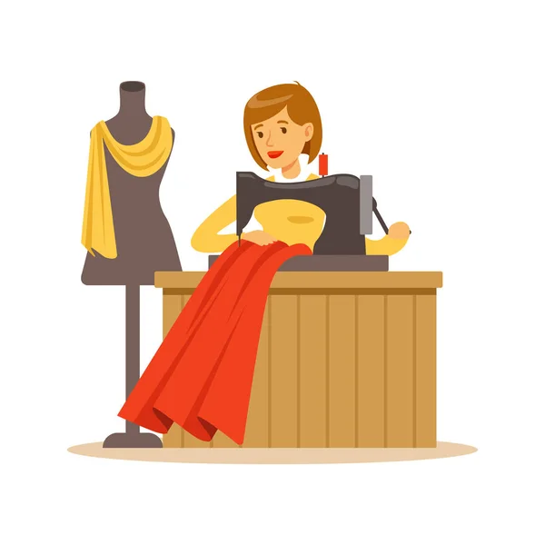 Mulher alfaiate costura um vestido vermelho, artesanato hobby ou profissão colorido personagem vetor Ilustração — Vetor de Stock