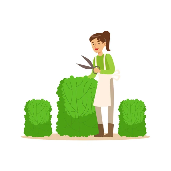 Jonge vrouw tuinman werken met hedge shear, ambachtelijke hobby of beroep kleurrijke karakter vector illustratie — Stockvector