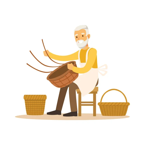 Senior man weaving baskets, craft hobby or profession colorful character vector Illustration — Stock Vector