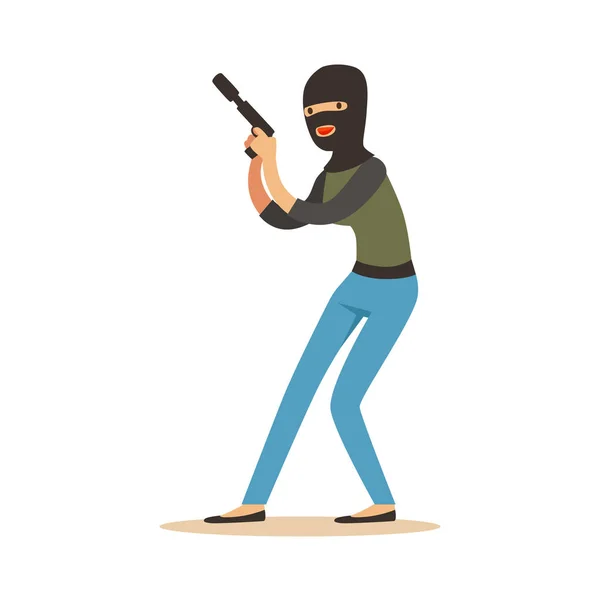 Thief in a black balaclava holding gun, robbery colorful character vector Illustration — Stock Vector
