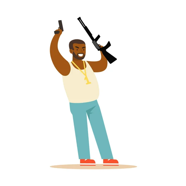 Μαύρος αυξάνοντας τα χέρια του με τα όπλα να παραδοθούν, ληστεία πολύχρωμο χαρακτήρα διανυσματικά εικονογράφηση — Διανυσματικό Αρχείο