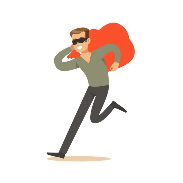 Ladrão em uma máscara preta carregando um saco laranja, roubo colorido personagem vetor Ilustração —  Vetores de Stock