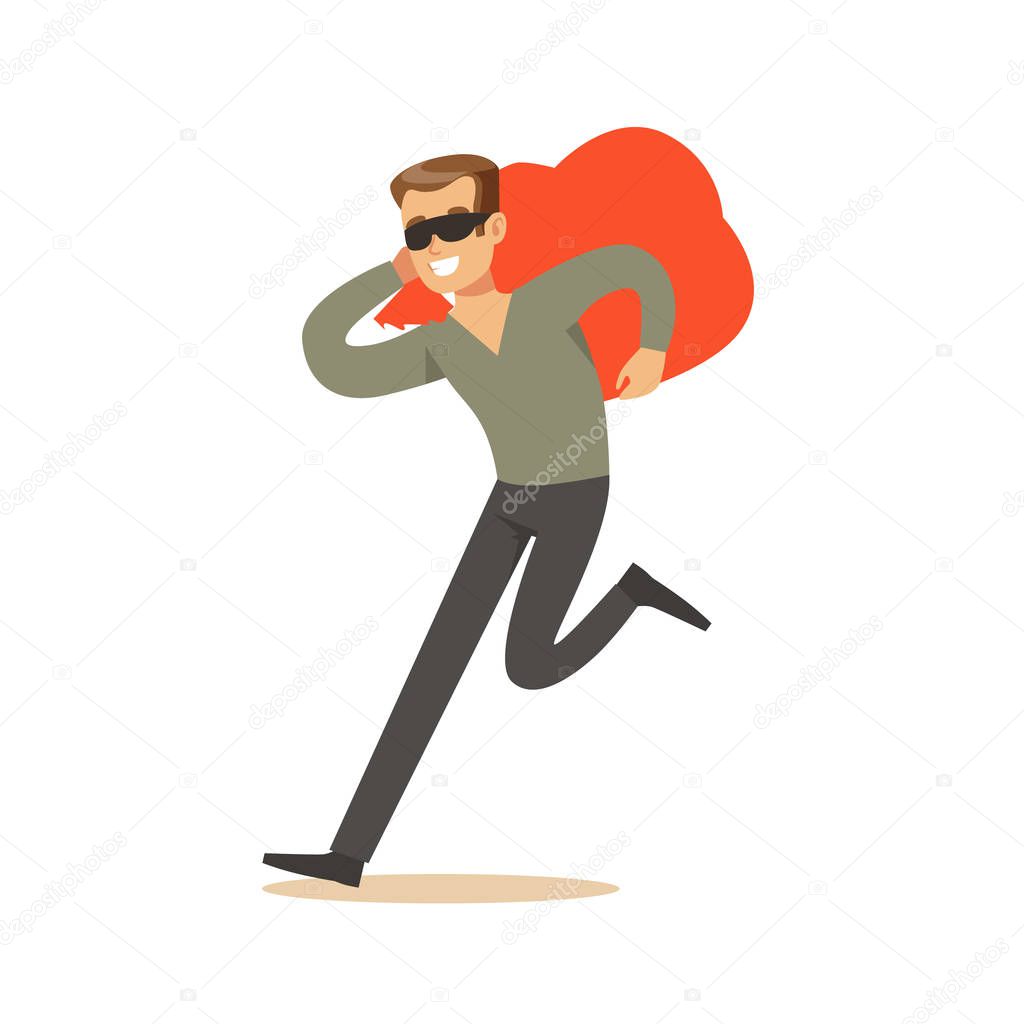Thief in a black mask carrying an orange bag, robbery colorful character vector Illustration
