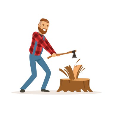Oduncu adam kırmızı Kareli gömlekli bir balta renkli karakter vektör çizim ile Ahşap Doğrama