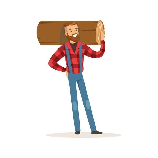 Homem de lenhador forte segurando tronco derrubado vetor de caráter colorido Ilustração —  Vetores de Stock