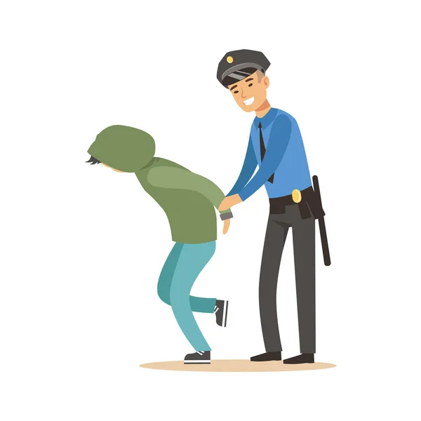 Oficial de policía arrestando criminal, vector de carácter Ilustración — Vector de stock