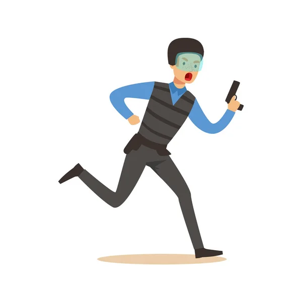 Oficial de policía con chaleco antibalas y máscara corriendo con un vector de carácter pistola Ilustración — Archivo Imágenes Vectoriales