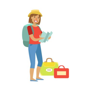 Sırt çantası ve Çantalar, seyahat ile duran kadın harita onun elinde tutan. Renkli çizgi film karakteri
