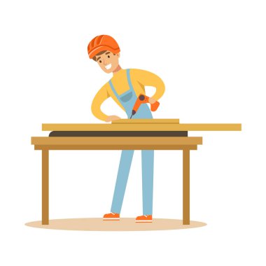 Genç bir adam onun atölyesinde profesyonel ahşap jointer karakter vektör çizim ahşap Delme marangoz