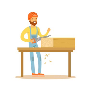 Marangoz adam ahşap onun atölyesinde woodworker karakter vektör çizim testere ile kesme