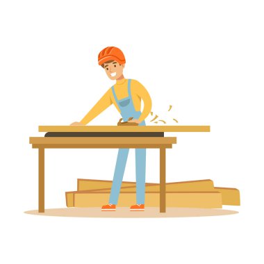 Ahşap onun atölyesinde profesyonel ahşap jointer karakter vektör çizim ile çalışan erkeğin genç marangoz