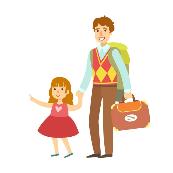 Vater mit Tochter auf Reisen. bunte Zeichentrickfigur — Stockvektor