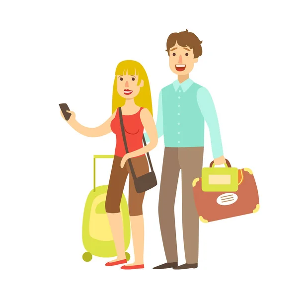 Young couple with travel bags traveling. Colorful cartoon character — Stock Vector