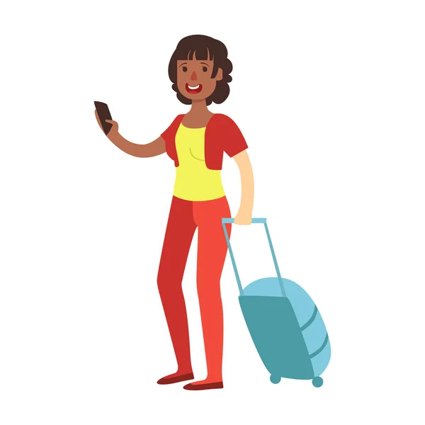 Femme brune joyeuse debout avec une valise de voyage. Caractère coloré de dessin animé — Image vectorielle