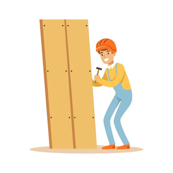 Jovem carpinteiro sorridente homem construindo novos móveis, woodworker personagem vetor Ilustração —  Vetores de Stock