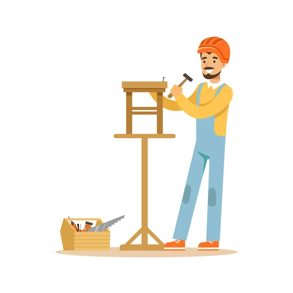 Glimlachend timmerman bouw een houten stoel, professionele hout jointer karakter vector illustratie — Stockvector
