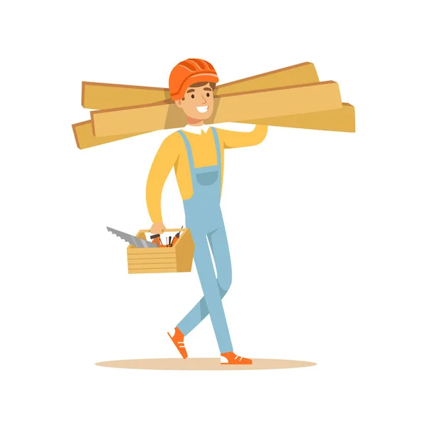 Smiling carpenter carrying box of tools and wooden planks, professional wood jointer character vector Illustration — Stock Vector