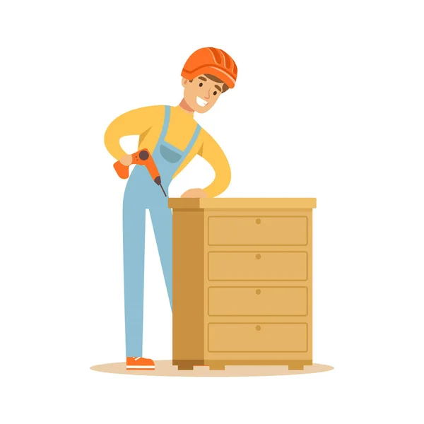 Young smiling carpenter man building chest of drawers, woodworker character vector Illustration — Stock Vector